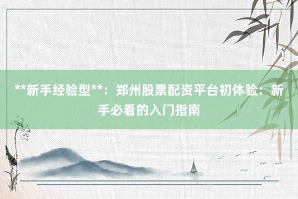 **新手经验型**：郑州股票配资平台初体验：新手必看的入门指南