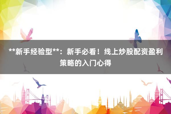 **新手经验型**：新手必看！线上炒股配资盈利策略的入门心得